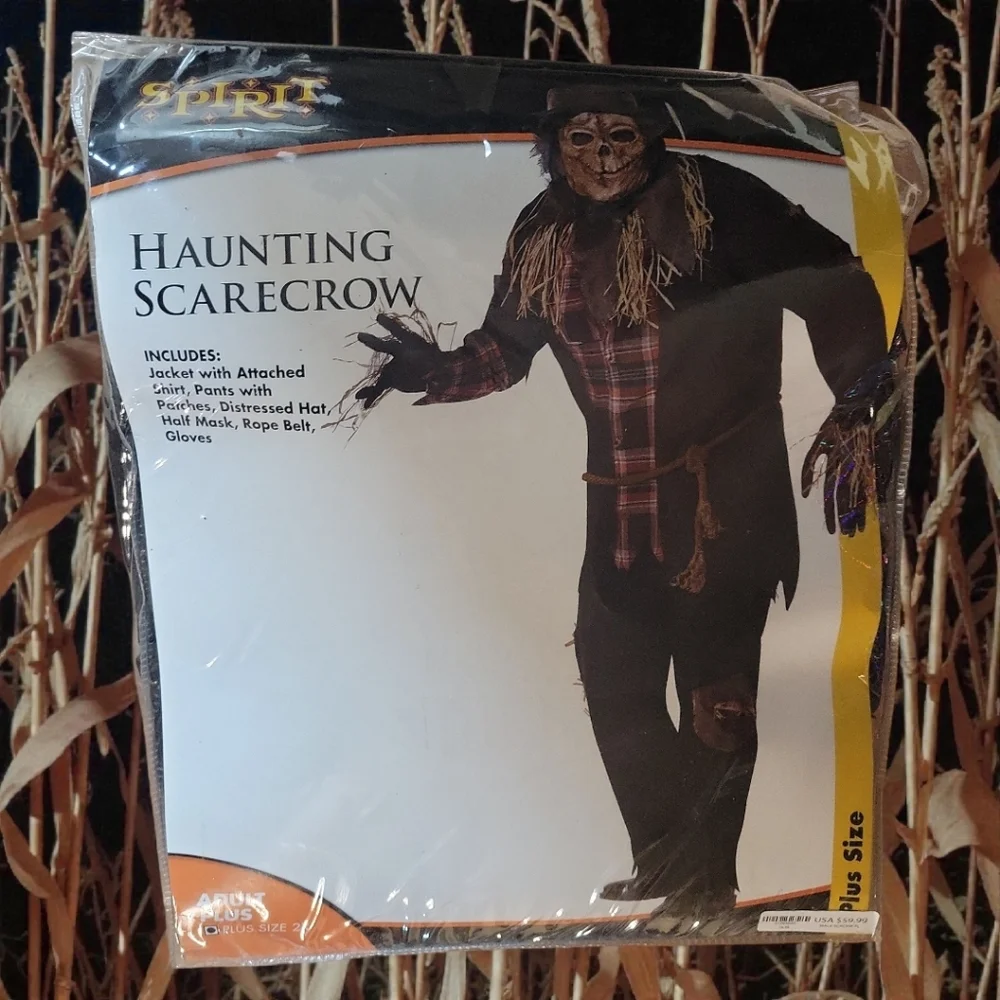 NWT Spirit Halloween Adult 2X Haunting Scarecrow Costume Mask Hat Pants Gloves